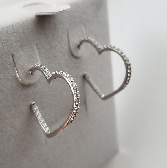 White Sapphire Silver Open Heart Hoops - Picture 1 of 15